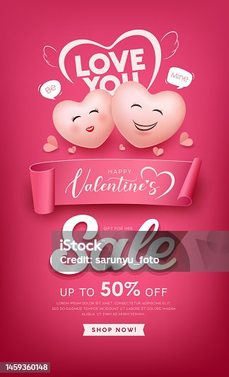 istock Happy Valentine's day, Balloon heart man and woman love each other, love you message, pink paper roll of sale design 1459360148
