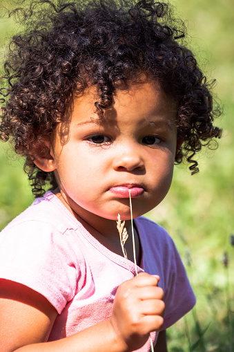 An adorable young toddler girl with dark brown curly hair sits on the grass on a sunny day staring into the distance as she puts a piece of grass in her mouth.