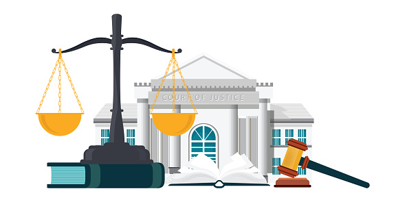 Law books with a judge's gavel. Modern court building, house of justice isolated on white background judicial and law system Conceptual Vector illustration.