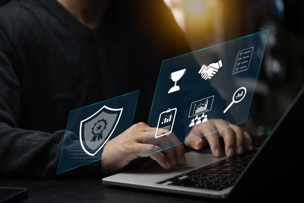 istock businessman working with computer laptop service Quality assurance, standard and Guarantee, certification, ISO and regulations. 1459360432