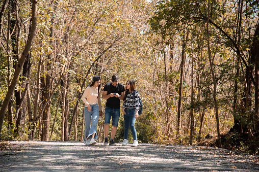 Multi-ethnicity group of young friends backpack traveling using technology smartphone finding map pointing direction, Caucasian and Asian tourist enjoy hiking ,walking, exploring in forest on vacation