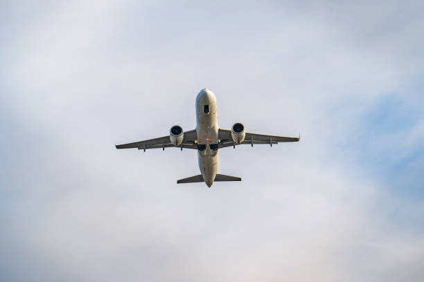 istock Passenger plane flies in sky, view from below. Airplane travel concept 1459362927