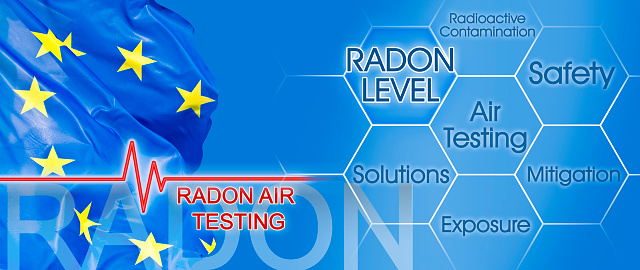 Radon Air Testing - concept against European flag with check-up chart about radon level testing