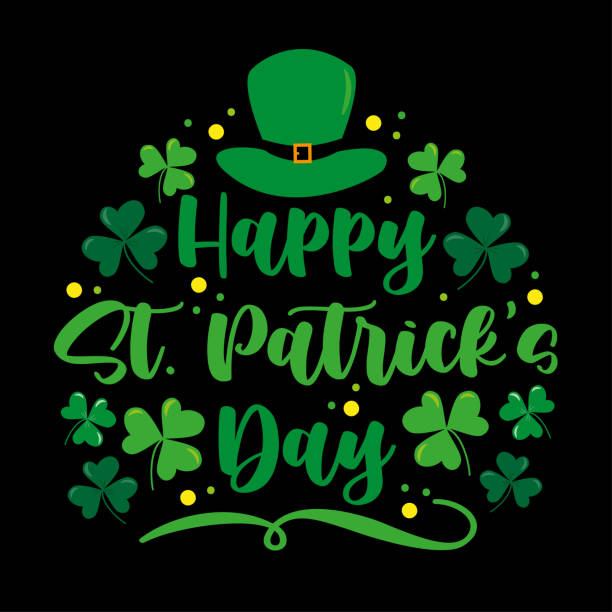 Happy St. patrick's Day - handwritten greeting with clover leaf and green hat. Isolated on black background Happy St. patrick's Day - handwritten greeting with clover leaf and green hat. Isolated on black background. Good for greeting card, poster, banner, label, and other decoration. st patricks stock illustrations