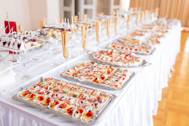 istock Close up of various canapes served in plates on buffet table. 1459364757
