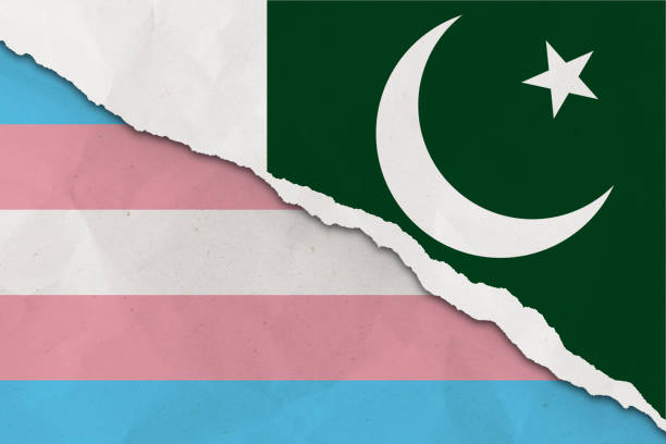 pakistan und trans-flagge zerrissenen papier-grunge-hintergrund. konzept von konflikt und trans-rechten. pakistan vs. trans-community-metapher. spannung und krise für bürgerrecht und gay pride, freiheit und liebeskonzept - gay man gay pride civil rights pride stock-fotos und bilder