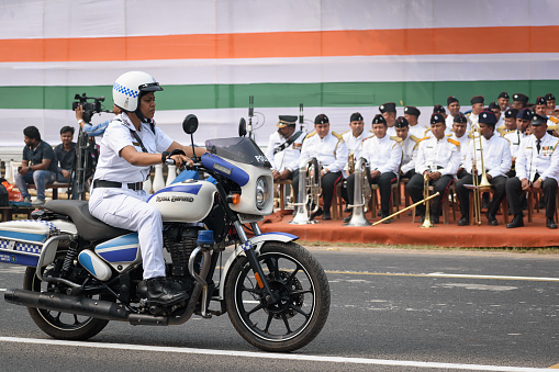 Kolkata Police Lady Officers on motorcycle preparing for taking part in the upcoming Indian Republic Day parade at Indira Gandhi Sarani, Kolkata, West Bengal, India on January 2023
