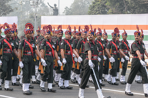 Indian Army Officers preparing for taking part in the upcoming Indian Republic Day parade at Indira Gandhi Sarani, Kolkata, West Bengal, India on January 2023