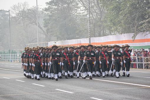 Assam Rifles Officers preparing for taking part in the upcoming Indian Republic Day parade at Indira Gandhi Sarani, Kolkata, West Bengal, India on January 2023