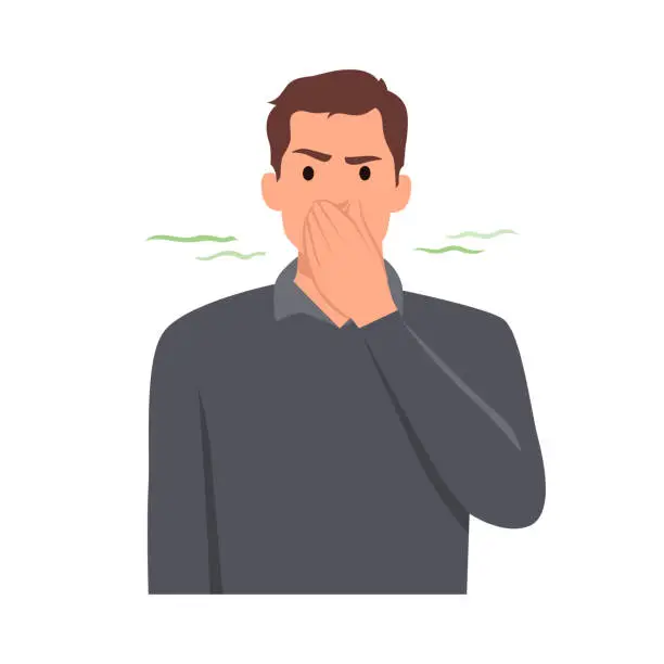 Vector illustration of Young man unhappy holding fingers on nose. Trendy person covering breath with hand for bad smell. Flat vector illustration isolated on white background