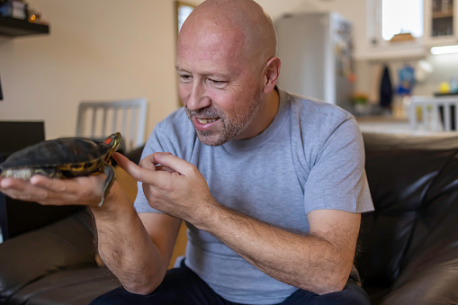 An adult man holding in his palm his pet red eared slider turtle