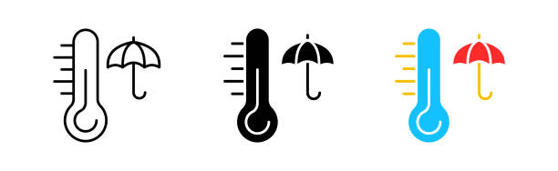 Mobile Possible rainfall icons set. Thermometer, temperature, umbrella, rain, summer, heat, warmth, up, meteorology, degrees, health, fever. weather concept. vector line icon in different styles temp gauge stock illustrations