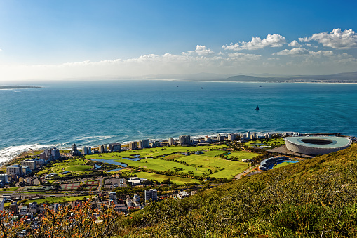 View of Green Point, Cape Town Stadium, host to the World Cup in 2010, and Table Bay from Signal Hill in Cape Town, Western Cape, South Africa