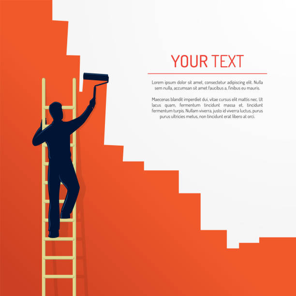 ilustrações de stock, clip art, desenhos animados e ícones de man painting orange colour wall on a ladder with copy space for text - pintar parede