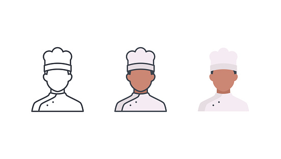 Chef icon set. 3 Different styles. Editable stroke.