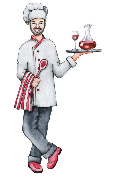 illustrazioni stock, clip art, cartoni animati e icone di tendenza di lo chef è un uomo con un vassoio e vino in mano. illustrazione ad acquerello disegnata a mano isolata su sfondo bianco - decanter white red black