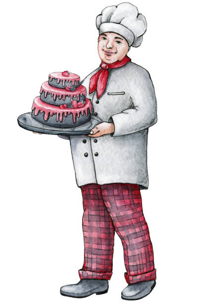 illustrazioni stock, clip art, cartoni animati e icone di tendenza di lo chef cuoco è un uomo con una torta in mano, ama i dolci. illustrazione ad acquerello disegnata a mano isolata su sfondo bianco - decanter white red black