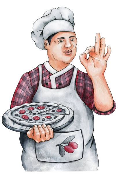 illustrazioni stock, clip art, cartoni animati e icone di tendenza di lo chef cuoco con la pizza in mano, mostra le dita deliziose. illustrazione ad acquerello disegnata a mano isolata su sfondo bianco - decanter white red black