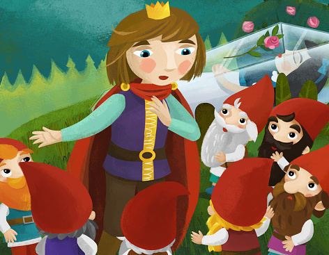 cartoon scene with girl princess prince and dwarfs illustration for children