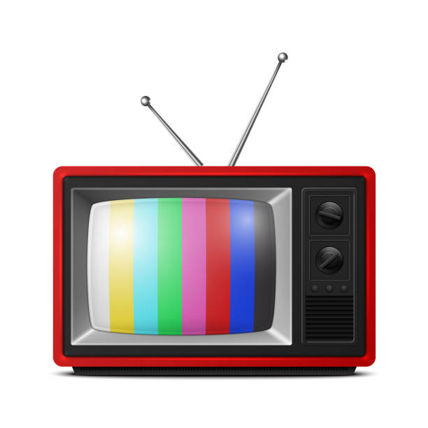istock Vector 3d Realistic Red Retro Striped Screen TV Receiver Isolated on White Background. Home Interior Design Concept. Vintage TV Set, Television, Front View 1459374558