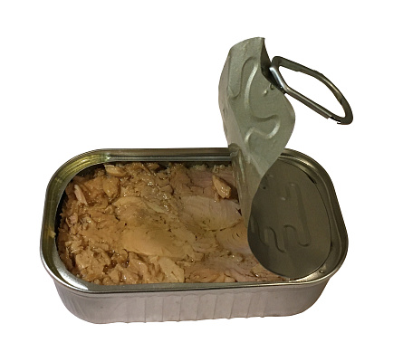 Horizontal photo of an Open Metallic Rectangular Can of Tuna in a perspective Pose. Canned Tuna Food Preserved with oil.