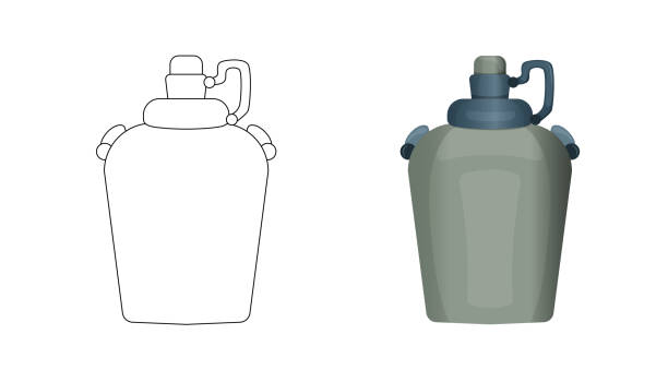 ilustrações de stock, clip art, desenhos animados e ícones de coloring page for children. metal water flask for camping, survival, military. vector. kids coloring book for elementary school. black and white illustration. - water bottle survival military bottle