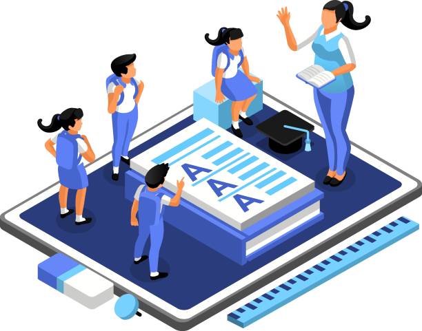 School students and their teachers a group of people standing on top of a laptop vector illustration. Children and young people in a school virtual classroom. Playful isometric ar design. vector art illustration