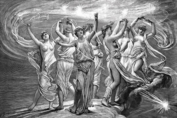 Group of young women in light flowing clothings dancing, arms raised, the Pleiades Illustration from 19th century. the pleiades stock illustrations