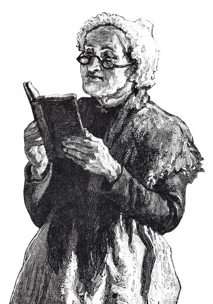 ilustrações de stock, clip art, desenhos animados e ícones de elder lady with eyeglasses holds a book and reads, standing, white background - woman with glasses reading a book