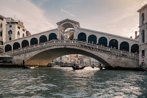 Grand canal viewed over the Rialto Bridge in Venice, Italy. Taken on July 13th 2022