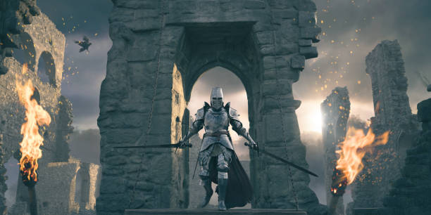 istock Knight Walks Over Drawbridge Of Castle Ruins 1459382514