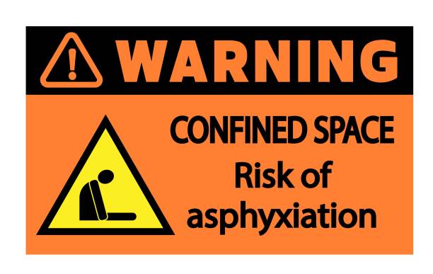 밀폐 된 공간, 질식의 위험. 경고 표시 - confined space warning sign sign toxic waste stock illustrations