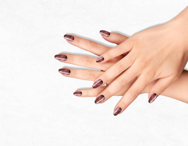 istock Young female hands with beautiful brown trendy manicure 1459384064