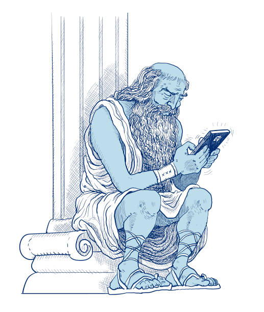 ilustrações, clipart, desenhos animados e ícones de filósofo grego antigo navegando na internet com seu telefone celular - philosopher