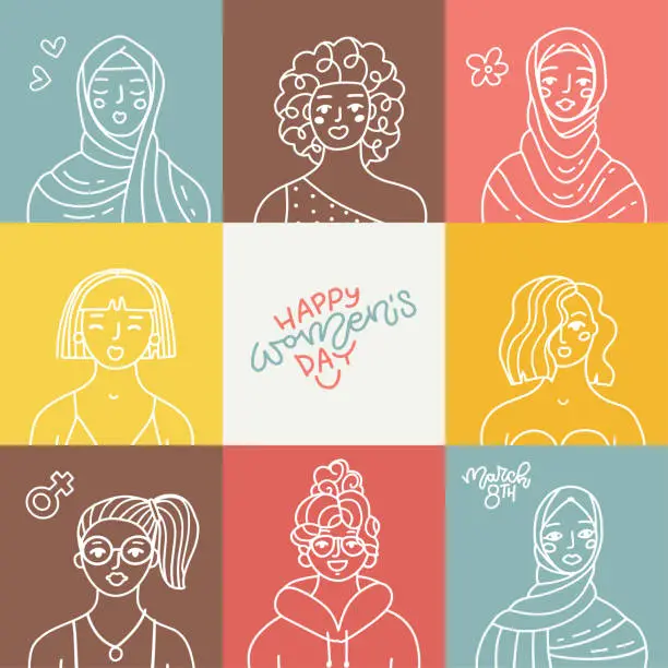 Vector illustration of Happy Women's Day card. Continuous line drawing. Linear women faces.
