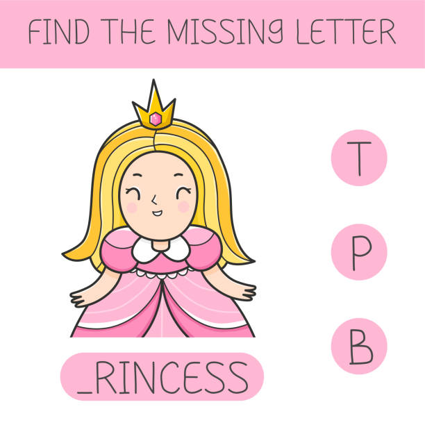 ilustraciones, imágenes clip art, dibujos animados e iconos de stock de encuentra la letra perdida es un juego educativo para niños con una princesa. lindo personaje de princesa de dibujos animados. practicar el alfabeto inglés. ilustración vectorial. - alphabetical order child illustration and painting playing