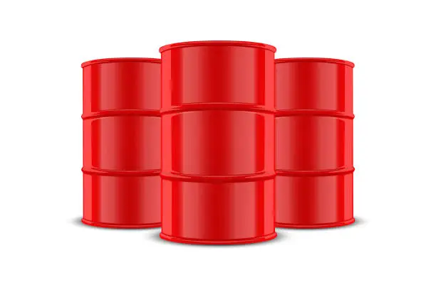 Vector illustration of Vector 3d Realistic Three Red Barrels, Hazard Liquid. Caution Barrel, Radioactive, Hazardous Chemical Materials, Toxic Pollution, Many Danger Barrels, Set Closeup Isolated. Front View