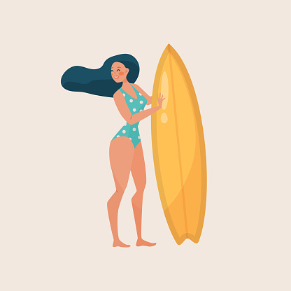Woman in swimsuit with surfing board vector illustration. Cartoon drawing of female surfer with yellow board isolated on beige background. Summer, vacation or holiday, outdoor activity concept