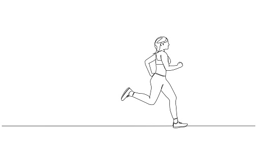 continuous single line drawing of female athlete running or sprinting, line art vector illustration