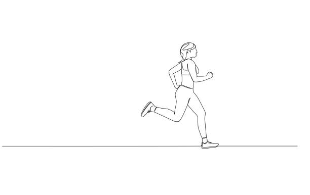 continuous single line drawing of female athlete running continuous single line drawing of female athlete running or sprinting, line art vector illustration carpet runner stock illustrations