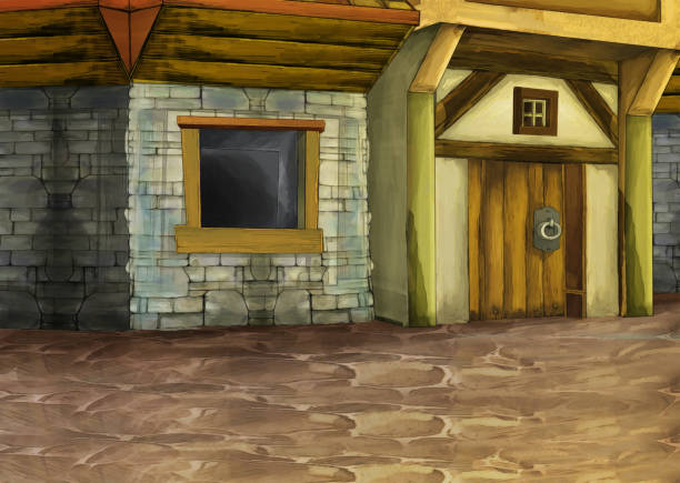 cartoon scene with some wall and wooden door entrance and nature landscape behind it - illustration for children cartoon scene with medieval street with some building like tavern - illustration for children fairy tale village stock illustrations
