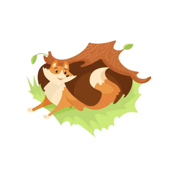 Vector illustration of Comic fox coming out of den under tree vector illustration
