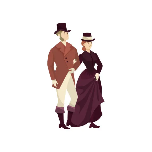Vector illustration of Victorian couple walking together vector illustration