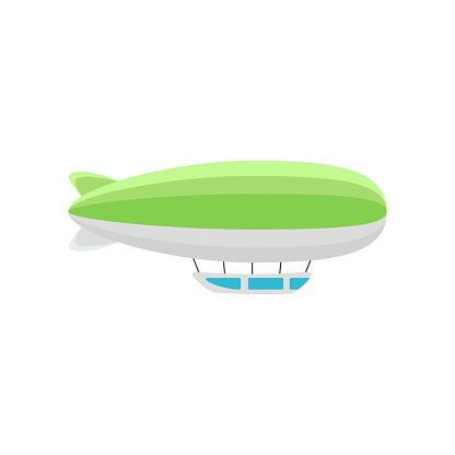 Colorful green zeppelin vector illustration. Vintage dirigible or airship for carrying passengers isolated on white background. Transportation, tourism, aviation industry concept