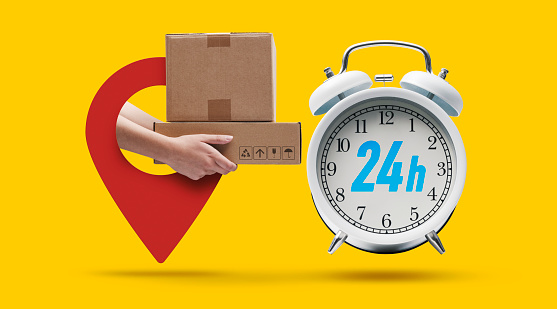 24h fast delivery and tracking service: delivery person holding parcels in a GPS pin and alarm clock