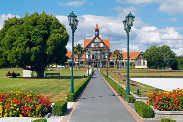 New Zealand, Rotorua, Rotorua, New Zealand - March 11, 2005: the old bathhouse in public Government Garden rotorua stock pictures, royalty-free photos & images