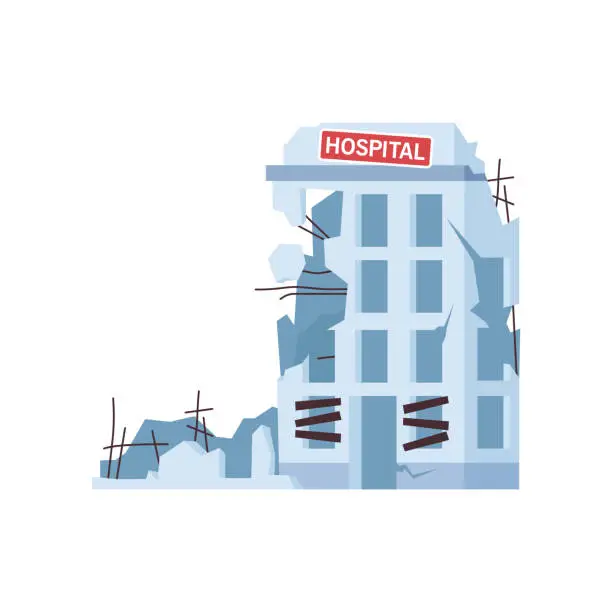 Vector illustration of Ruined or abandoned hospital after war or natural disaster