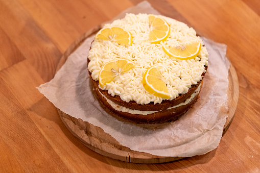 Lemon cake ready to eat, served on the plate