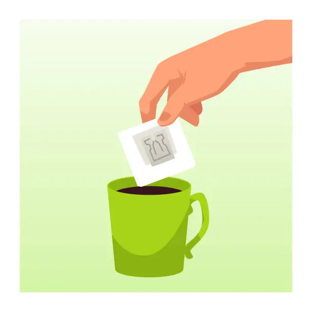 Vector illustration of Hand holding bag of instant coffee over cup, flat vector illustration.