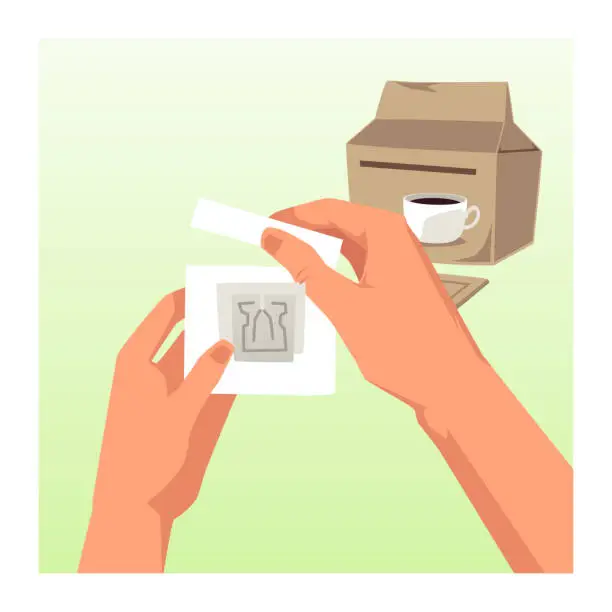 Vector illustration of Hand opening bag of instant coffee powder, flat vector illustration. Making process of drip brewed coffee. Package with coffee powder bags.